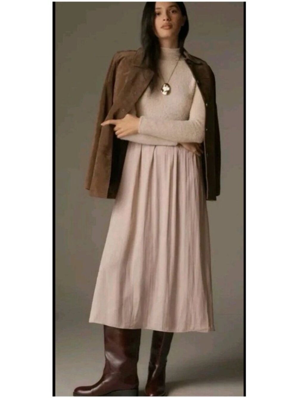 Anthropologie Med Cream Taupe Thea Long-Sleeve Eyelash Twofer Maxi Dress Satin
